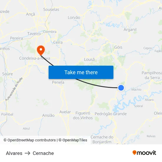 Alvares to Cernache map