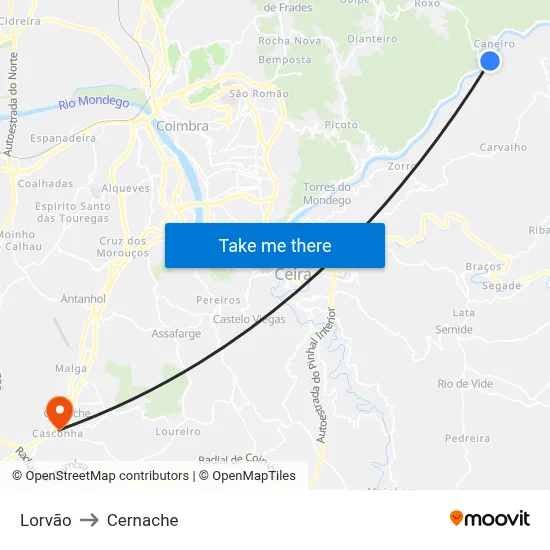 Lorvão to Cernache map