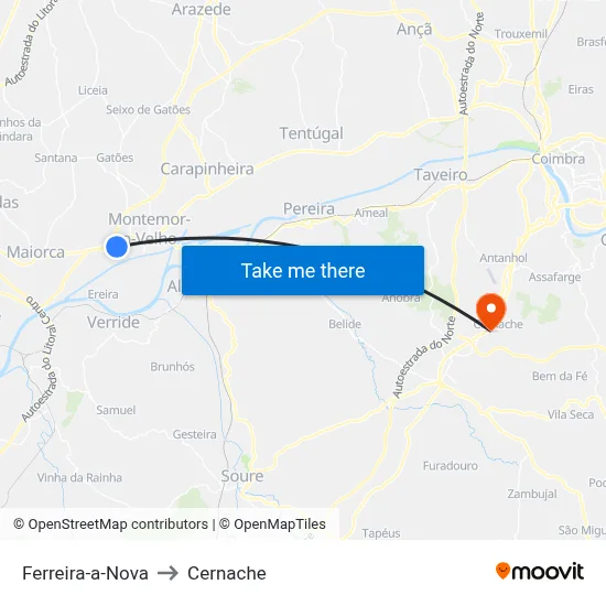 Ferreira-a-Nova to Cernache map