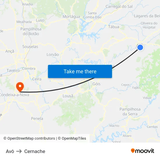 Avô to Cernache map