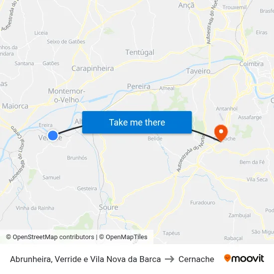 Abrunheira, Verride e Vila Nova da Barca to Cernache map
