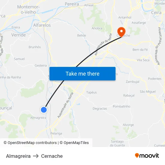 Almagreira to Cernache map