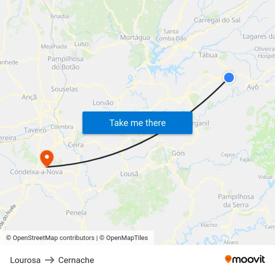 Lourosa to Cernache map