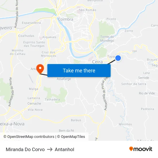 Miranda Do Corvo to Antanhol map