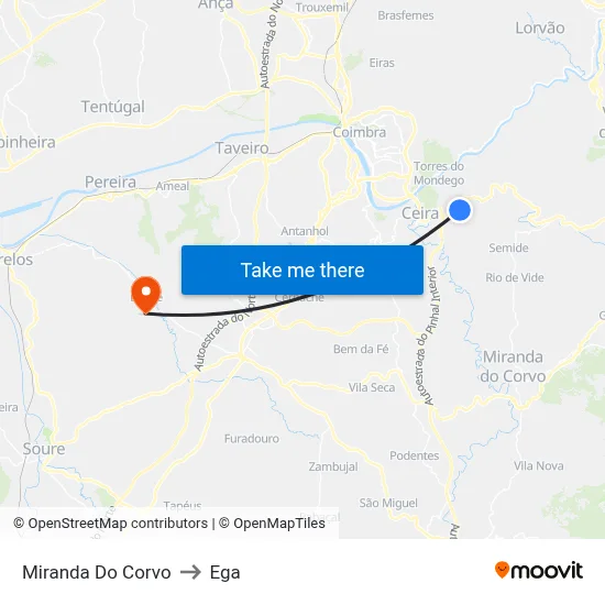 Miranda Do Corvo to Ega map