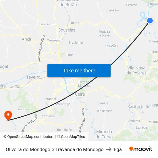 Oliveira do Mondego e Travanca do Mondego to Ega map
