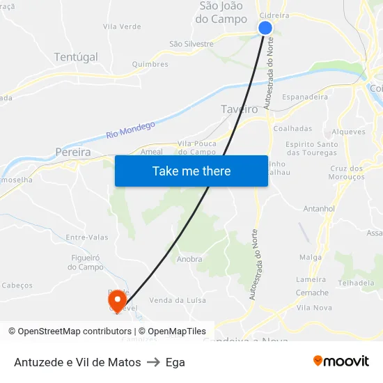 Antuzede e Vil de Matos to Ega map