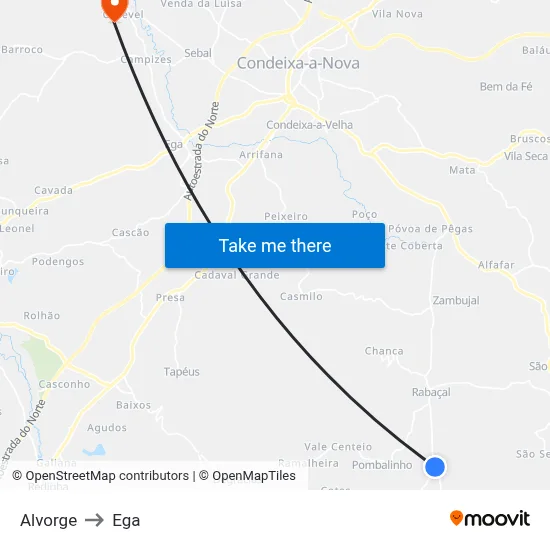 Alvorge to Ega map