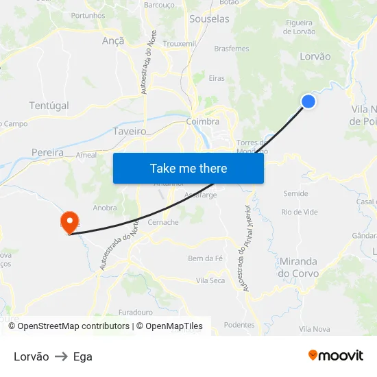 Lorvão to Ega map