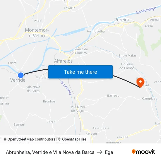 Abrunheira, Verride e Vila Nova da Barca to Ega map
