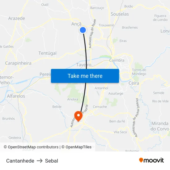 Cantanhede to Sebal map