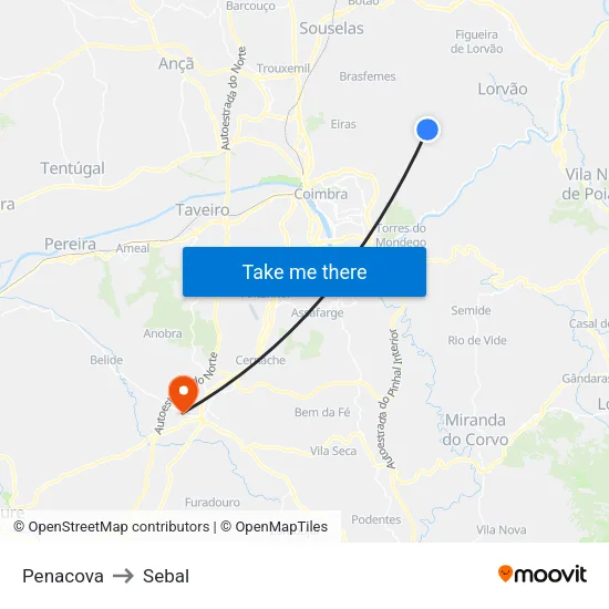 Penacova to Sebal map