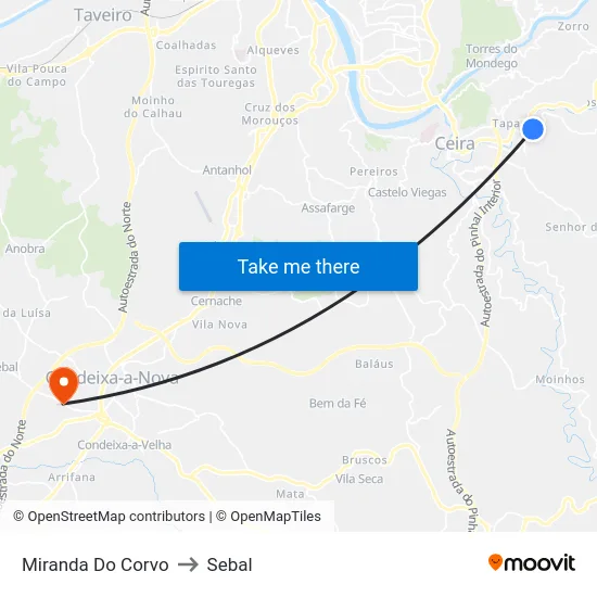 Miranda Do Corvo to Sebal map