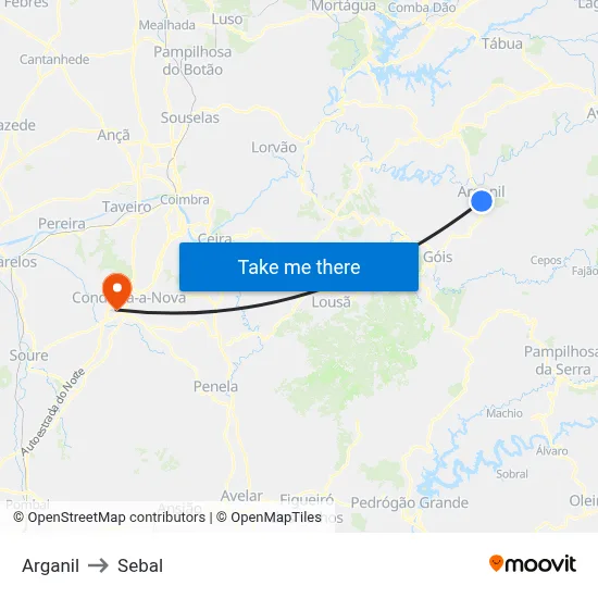 Arganil to Sebal map