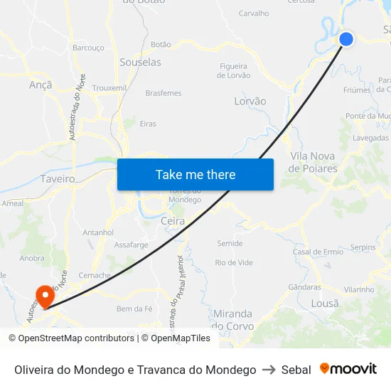 Oliveira do Mondego e Travanca do Mondego to Sebal map