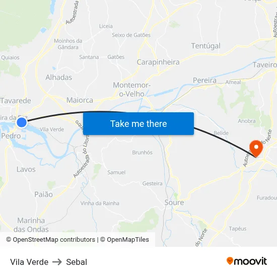 Vila Verde to Sebal map
