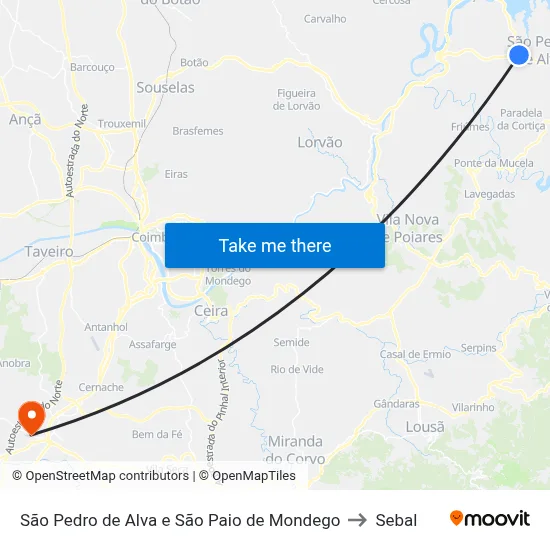 São Pedro de Alva e São Paio de Mondego to Sebal map