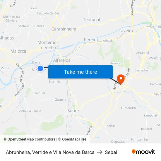 Abrunheira, Verride e Vila Nova da Barca to Sebal map