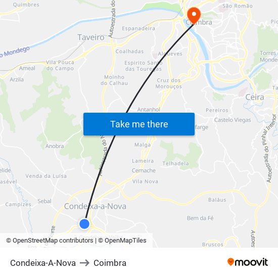 Condeixa-A-Nova to Coimbra map