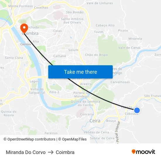 Miranda Do Corvo to Coimbra map