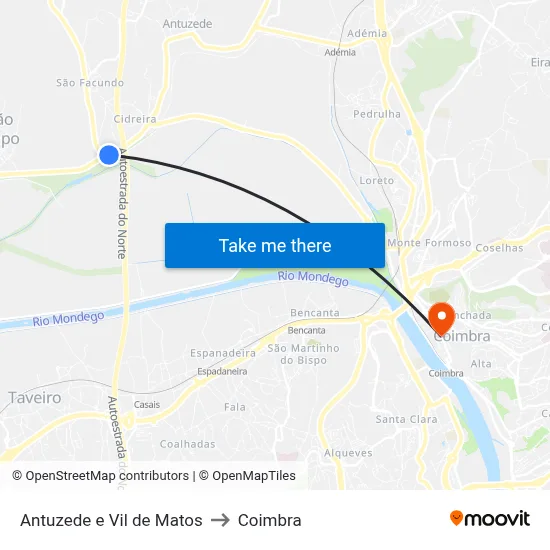 Antuzede e Vil de Matos to Coimbra map