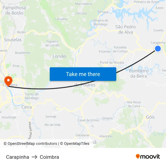 Carapinha to Coimbra map