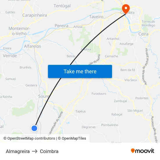 Almagreira to Coimbra map