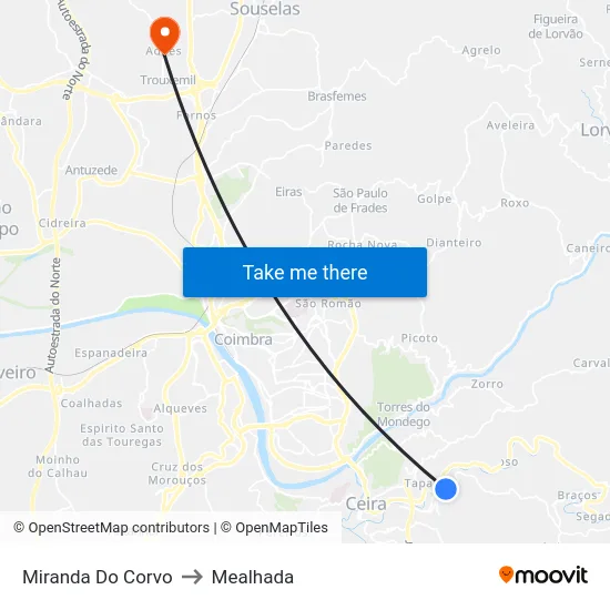 Miranda Do Corvo to Mealhada map