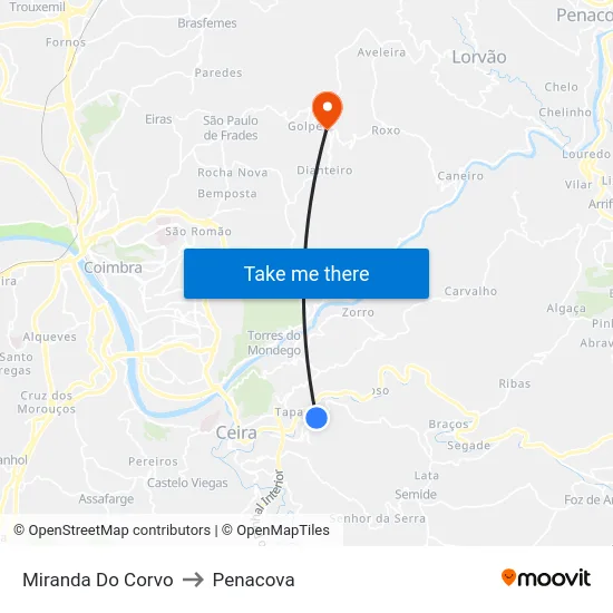 Miranda Do Corvo to Penacova map
