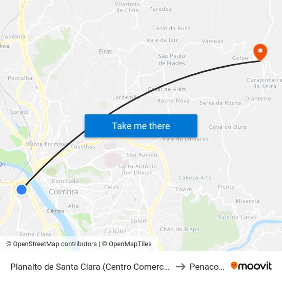 Planalto de Santa Clara (Centro Comercial) to Penacova map
