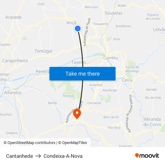 Cantanhede to Condeixa-A-Nova map