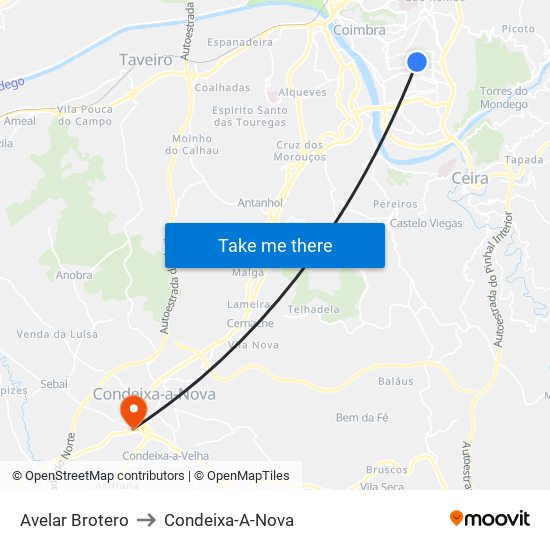 Avelar Brotero to Condeixa-A-Nova map