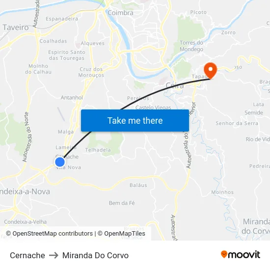 Cernache to Miranda Do Corvo map