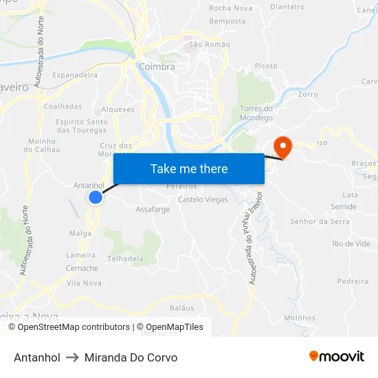 Antanhol to Miranda Do Corvo map