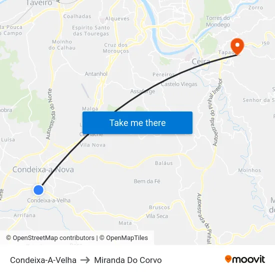Condeixa-A-Velha to Miranda Do Corvo map