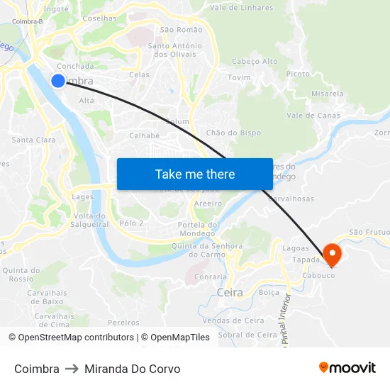 Coimbra to Miranda Do Corvo map