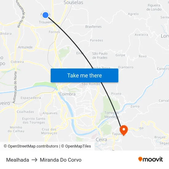 Mealhada to Miranda Do Corvo map