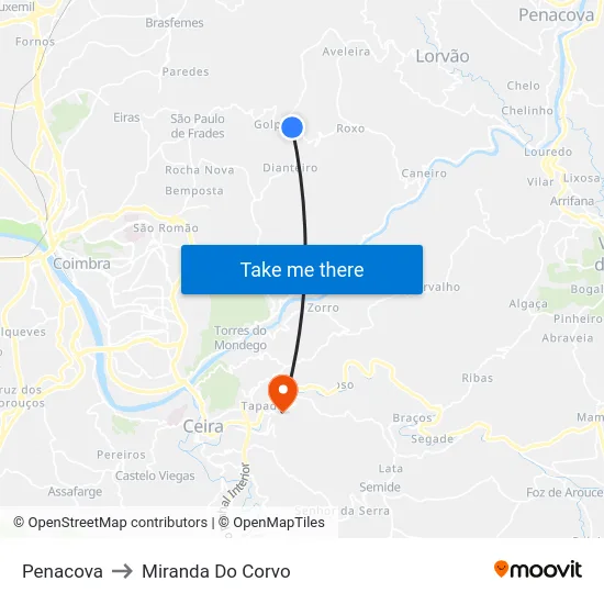 Penacova to Miranda Do Corvo map