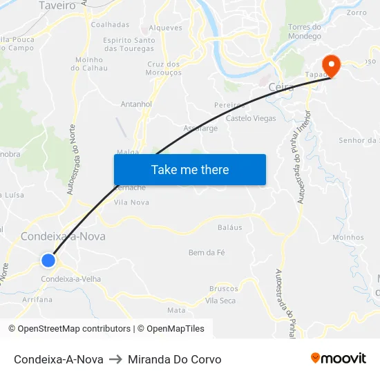Condeixa-A-Nova to Miranda Do Corvo map