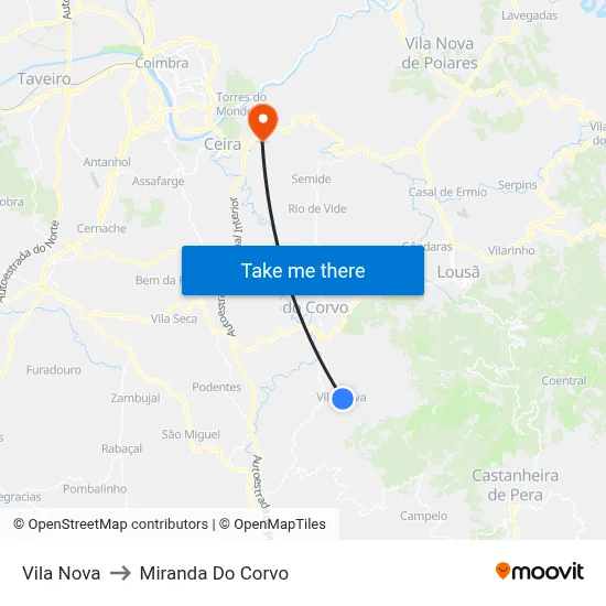 Vila Nova to Miranda Do Corvo map