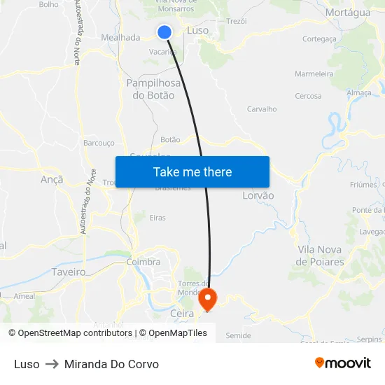 Luso to Miranda Do Corvo map