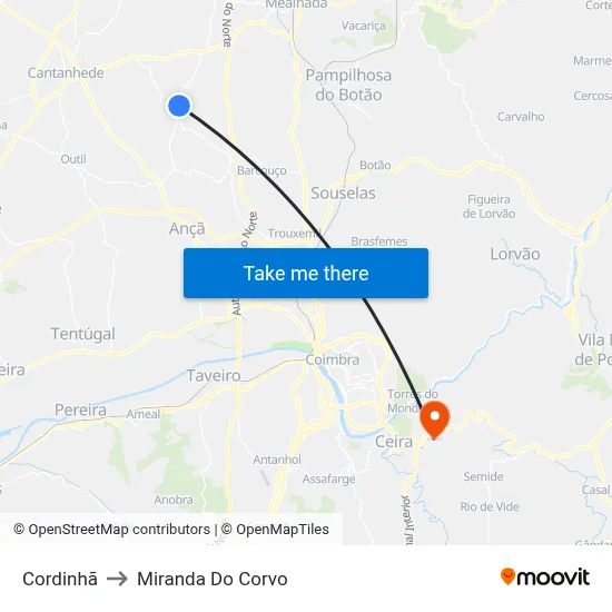 Cordinhã to Miranda Do Corvo map