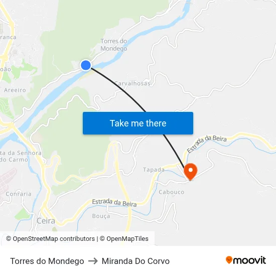 Torres do Mondego to Miranda Do Corvo map