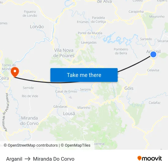 Arganil to Miranda Do Corvo map