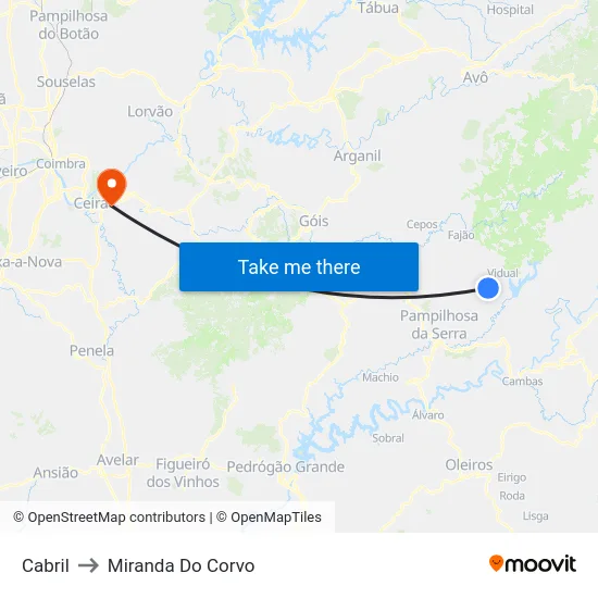 Cabril to Miranda Do Corvo map