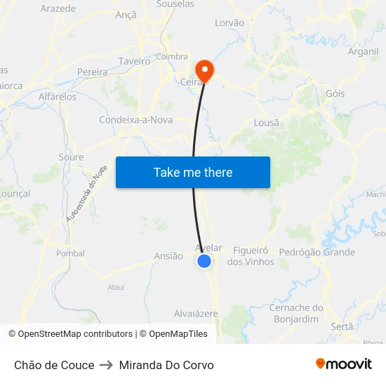 Chão de Couce to Miranda Do Corvo map