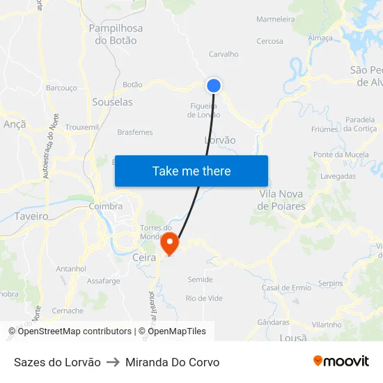 Sazes do Lorvão to Miranda Do Corvo map