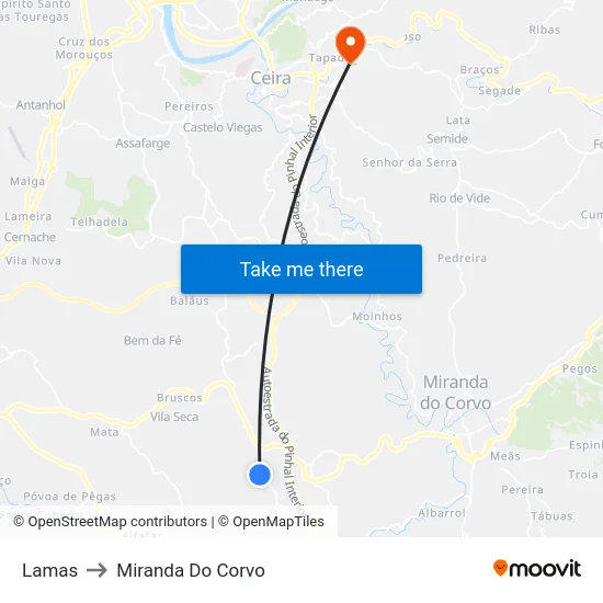 Lamas to Miranda Do Corvo map
