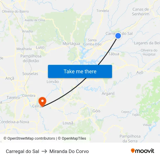 Carregal do Sal to Miranda Do Corvo map