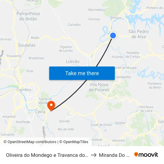 Oliveira do Mondego e Travanca do Mondego to Miranda Do Corvo map